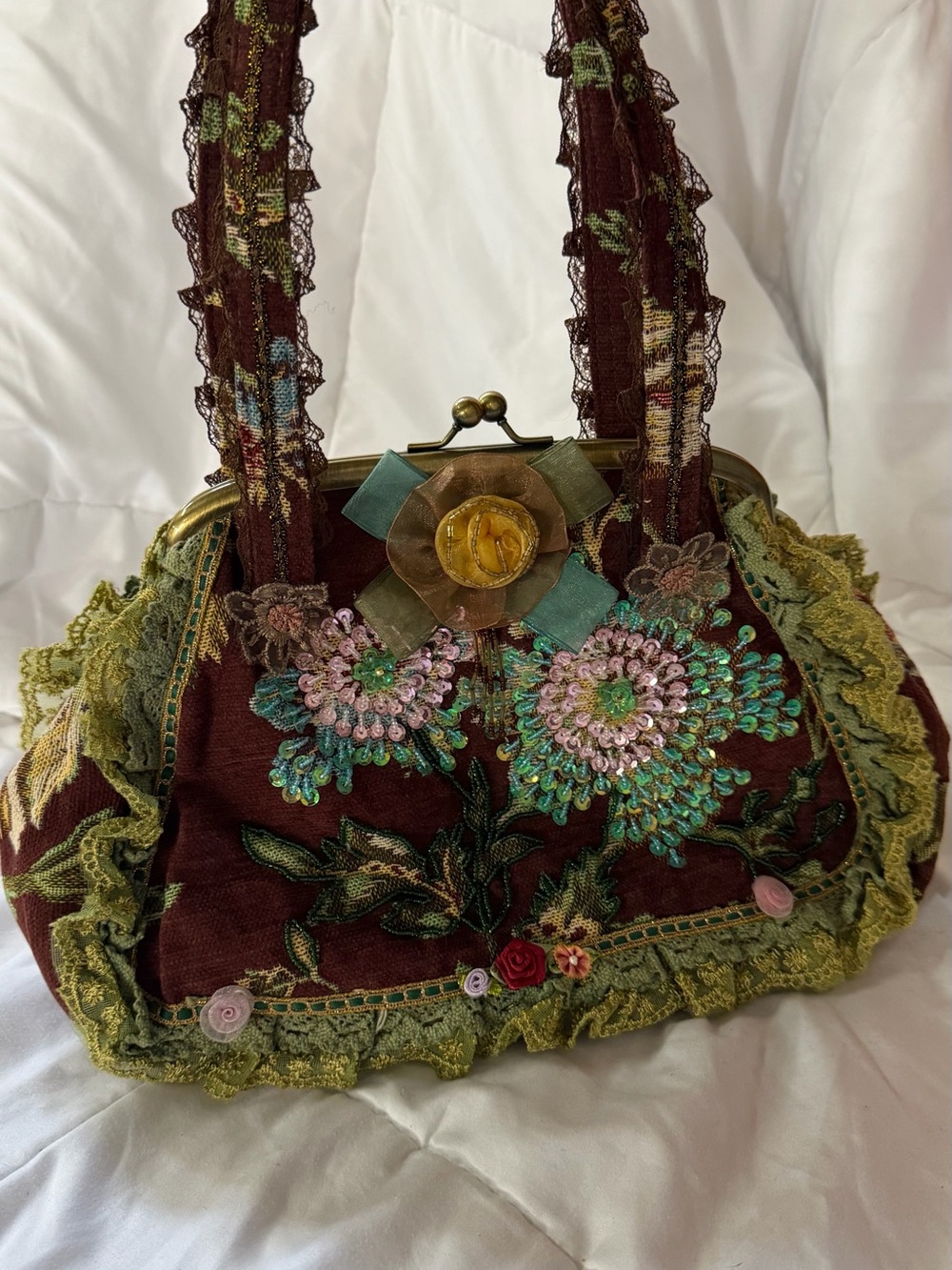Bohemian Embroidered Floral Handle Bag in Burgundy